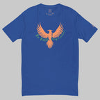 Front of Stay Fearless Fitted T-Shirt in Royal Blue with orange Phoenix design, and the text Be Bold Stay Fearless in green.