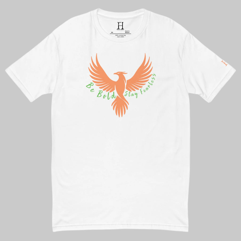 Front of Stay Fearless Fitted T-Shirt in White with orange Phoenix design, and the text Be Bold Stay Fearless in green.