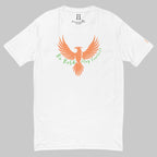 Front of Stay Fearless Fitted T-Shirt in White with orange Phoenix design, and the text Be Bold Stay Fearless in green.