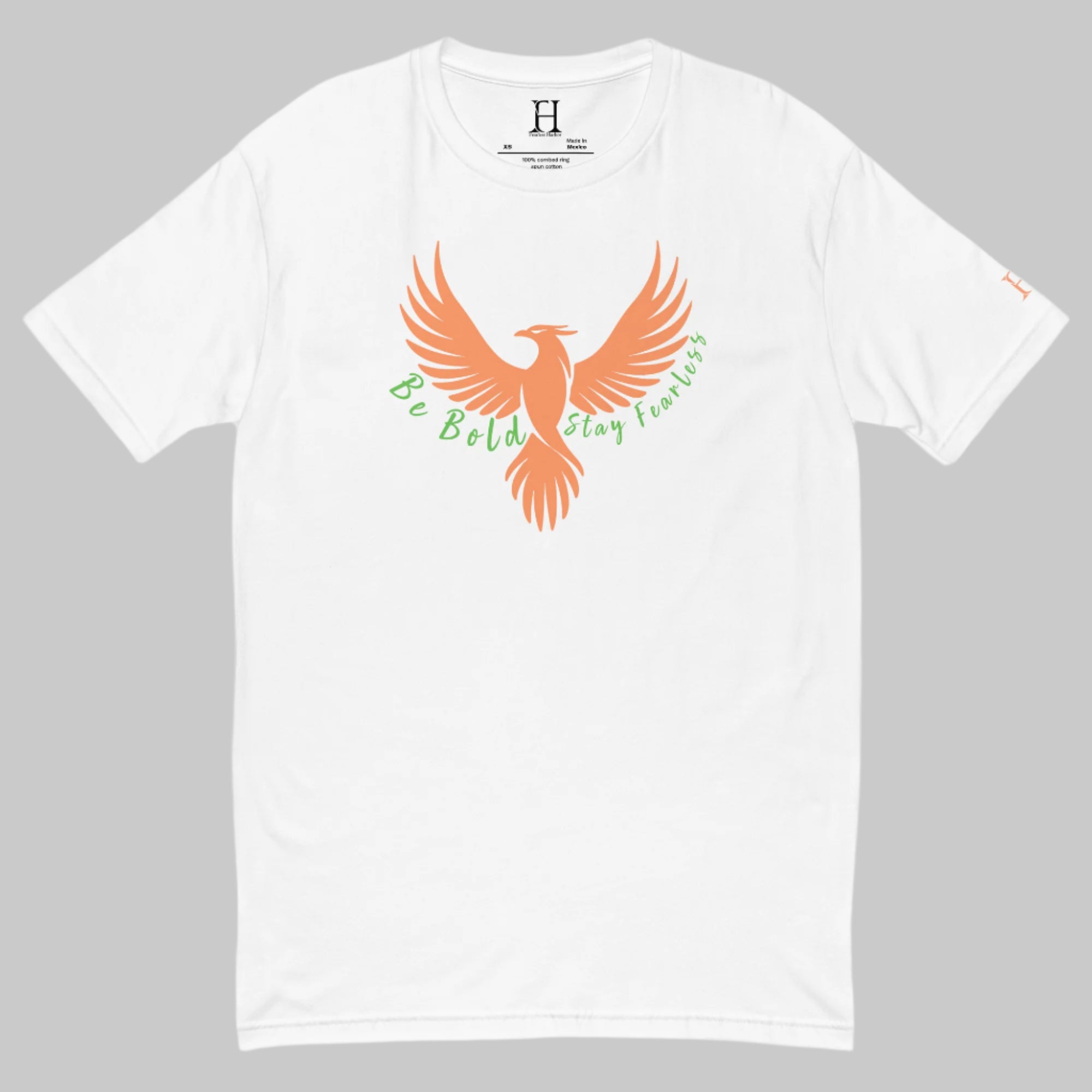 Front of Stay Fearless Fitted T-Shirt in White with orange Phoenix design, and the text Be Bold Stay Fearless in green.