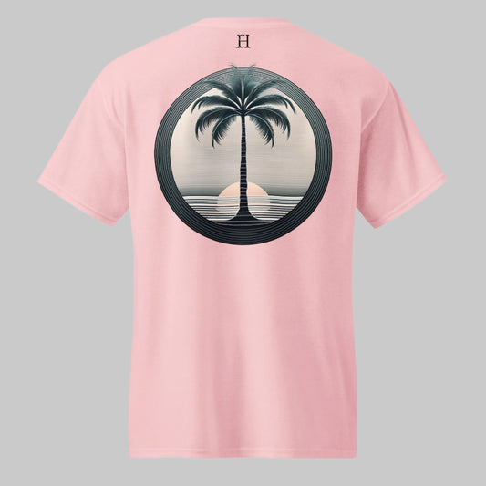 Back of T-shirt in Light Pink with Palm Tree Design.