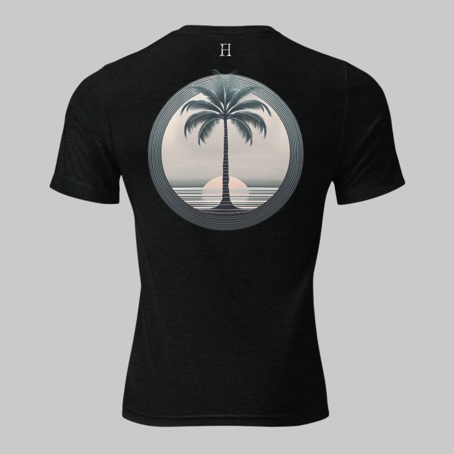 Back of T-shirt in Black with Palm Tree Design.