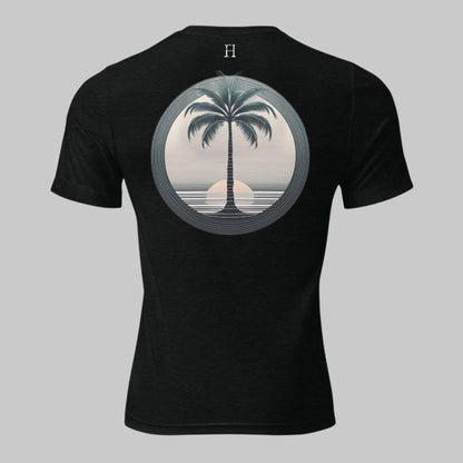 Back of T-shirt in Black with Palm Tree Design.