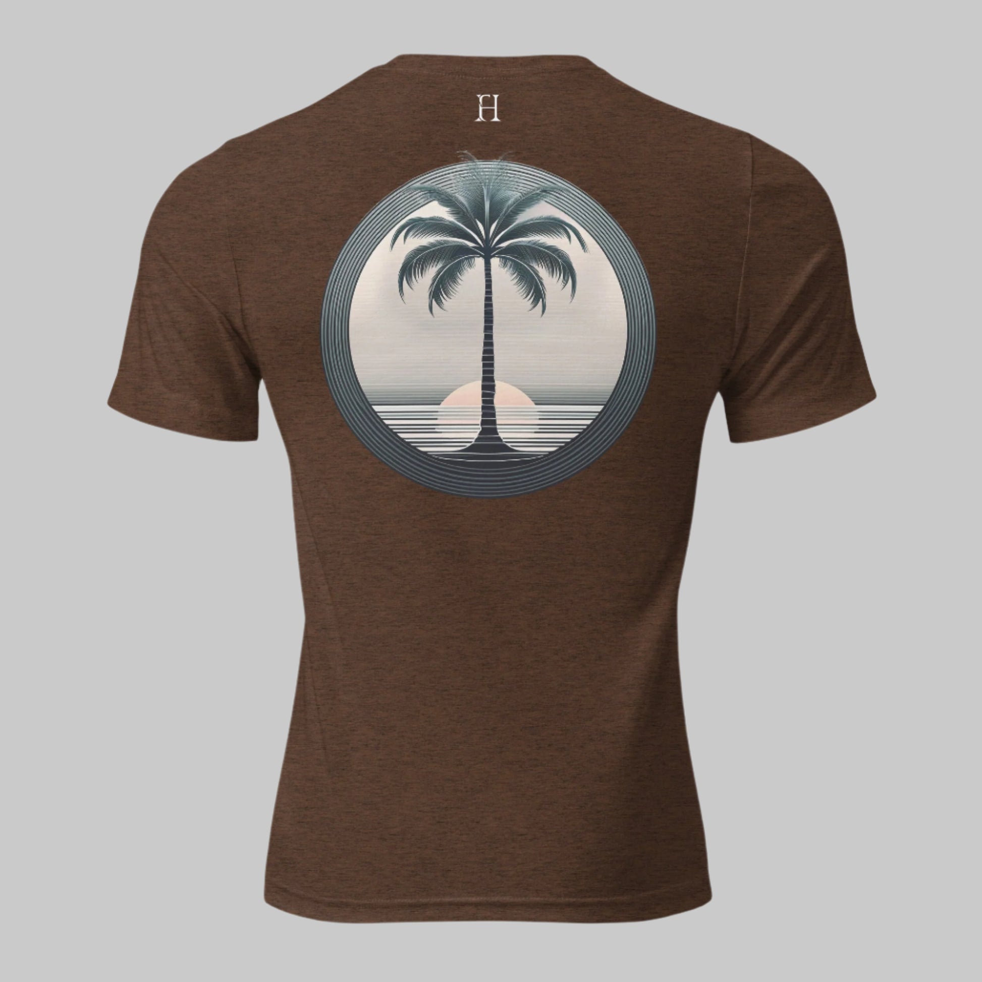 Back of T-shirt in Brown with Palm Tree Design.