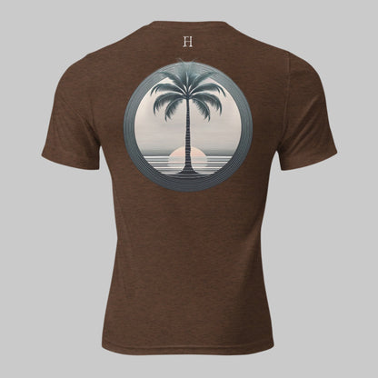 Back of T-shirt in Brown with Palm Tree Design.