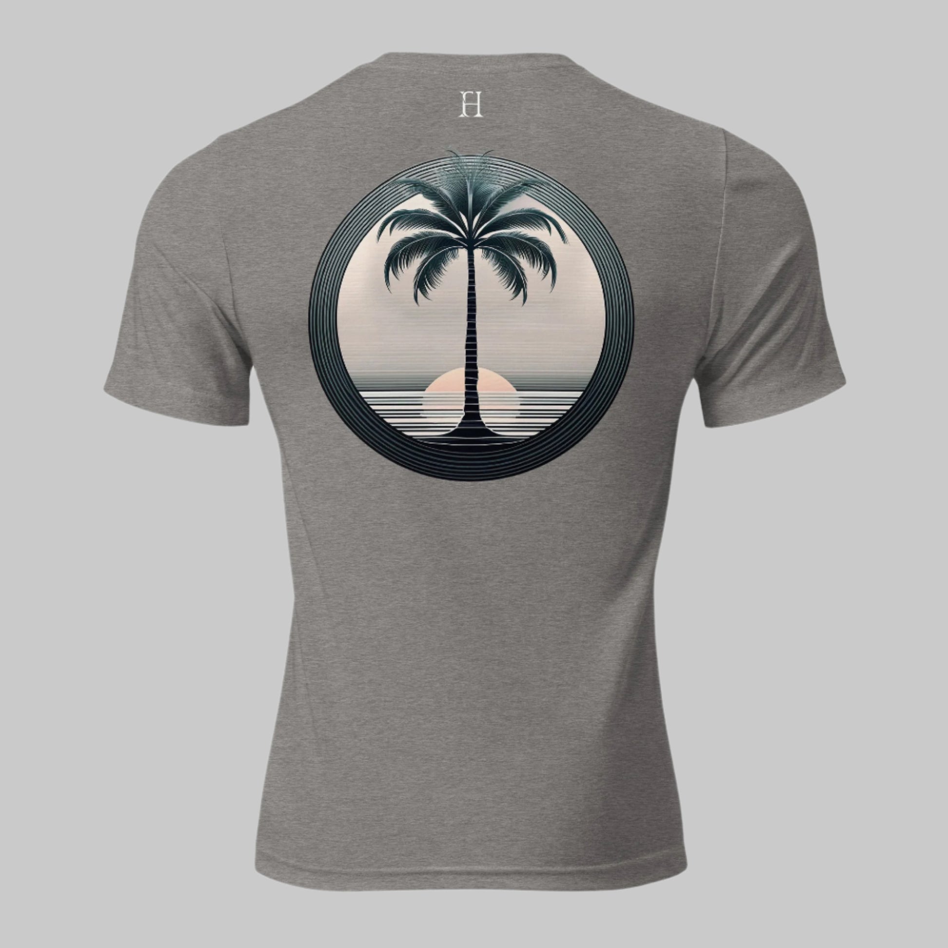 Back of T-shirt in Grey with Palm Tree Design.