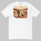 Product Back of Timeless Track Hunting T-Shirt in White, hunter and dog with flying pheasant design and FH logo near collar.