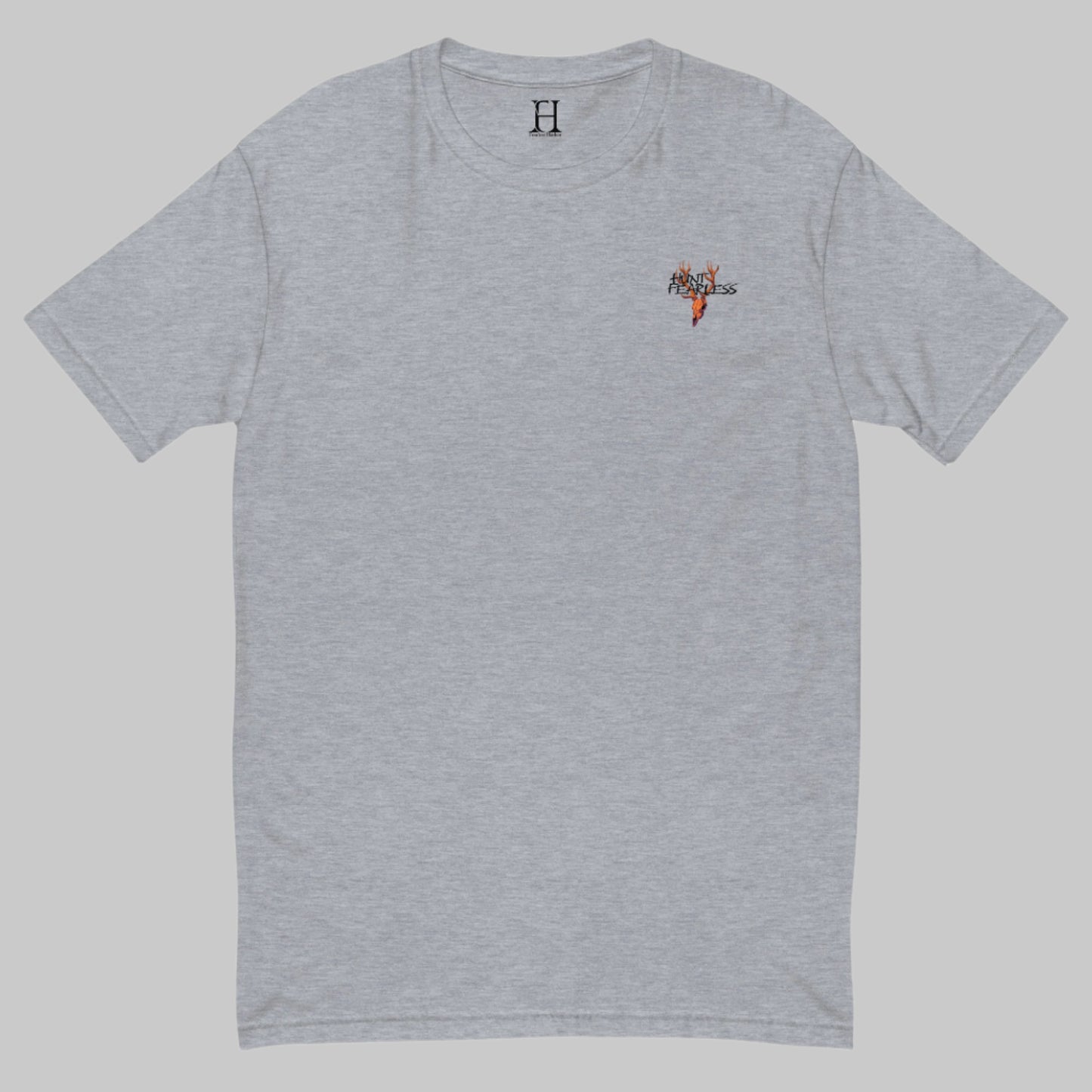 Front of Timeless Track Hunting T-Shirt in Grey with deer logo and the words Hunt Fearless.