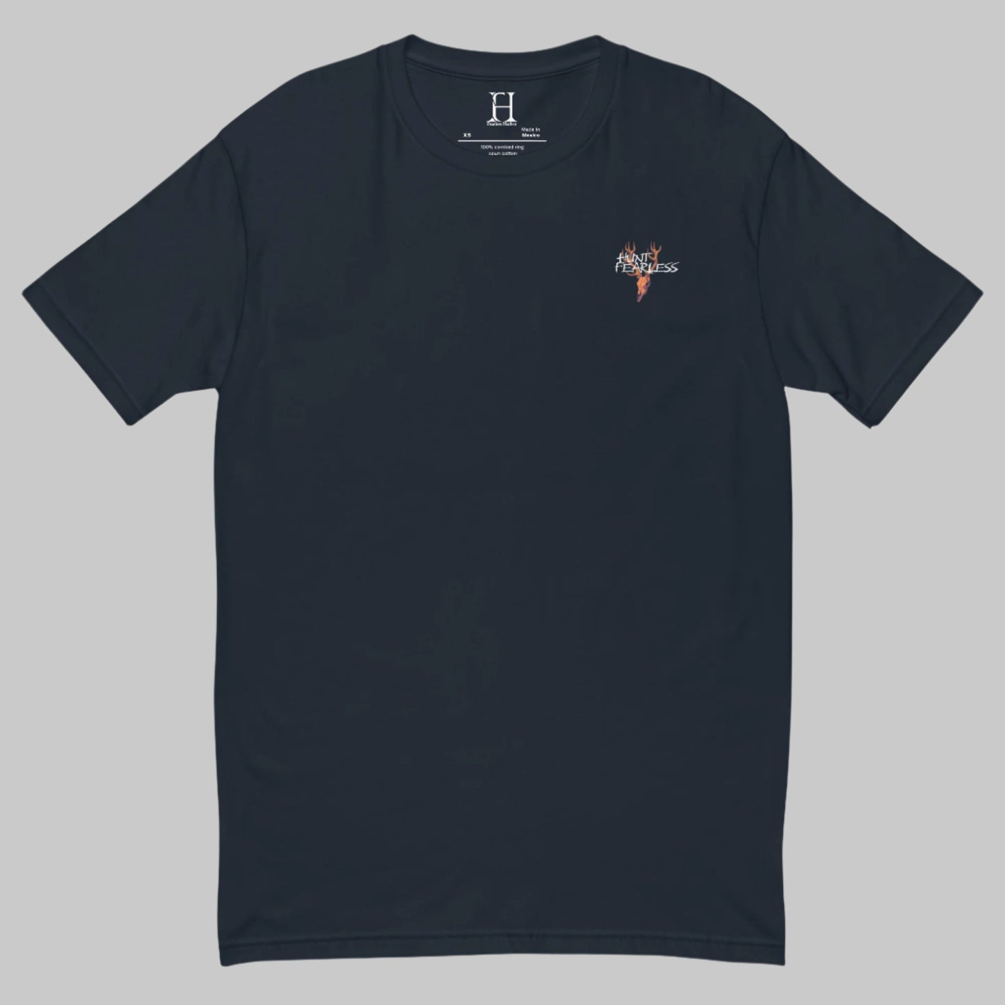 Front of Timeless Track Hunting T-Shirt in Navy with deer logo and the words Hunt Fearless.