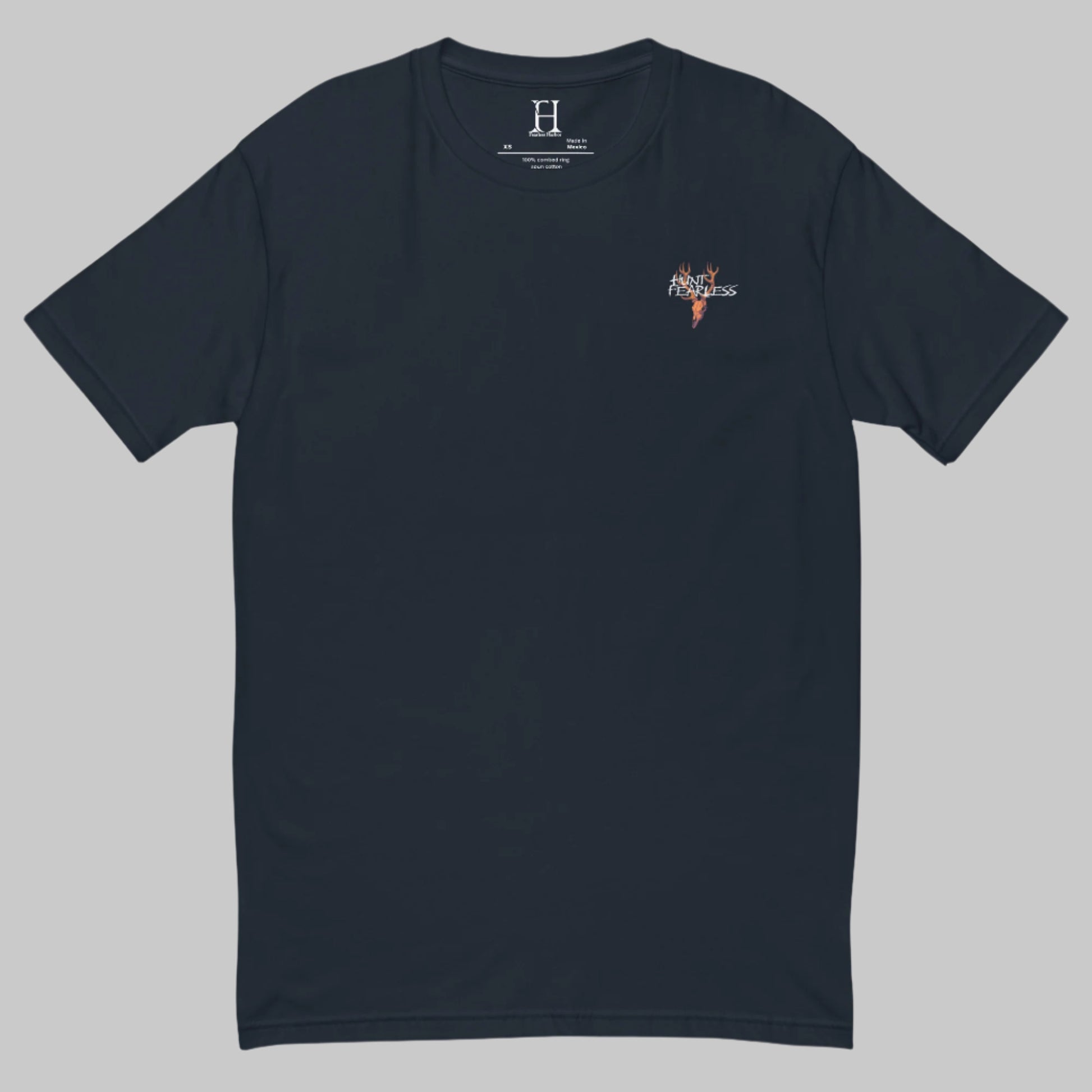 Front of Timeless Track Hunting T-Shirt in Navy with deer logo and the words Hunt Fearless.