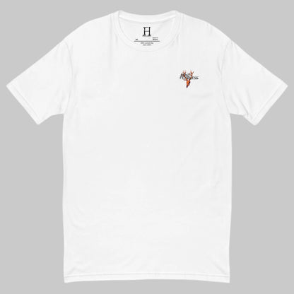 Front of Timeless Track Hunting T-Shirt in White with deer logo and the words Hunt Fearless.