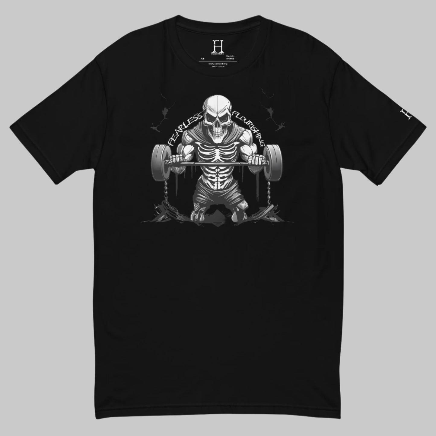 Front of Undead Fitted T-Shirt, Black with Skeleton Gym Weightlifter design, and the text Fearless and Flourishing in white.