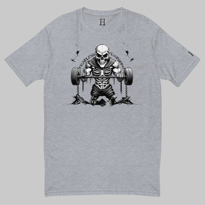 Front of Undead Fitted T-Shirt in Grey with Skeleton Gym Weightlifter design, and the text Fearless and Flourishing in black.