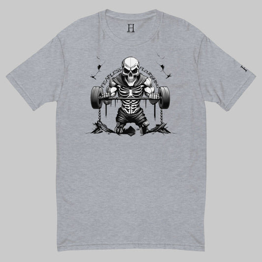 Front of Undead Fitted T-Shirt in Grey with Skeleton Gym Weightlifter design, and the text Fearless and Flourishing in black.