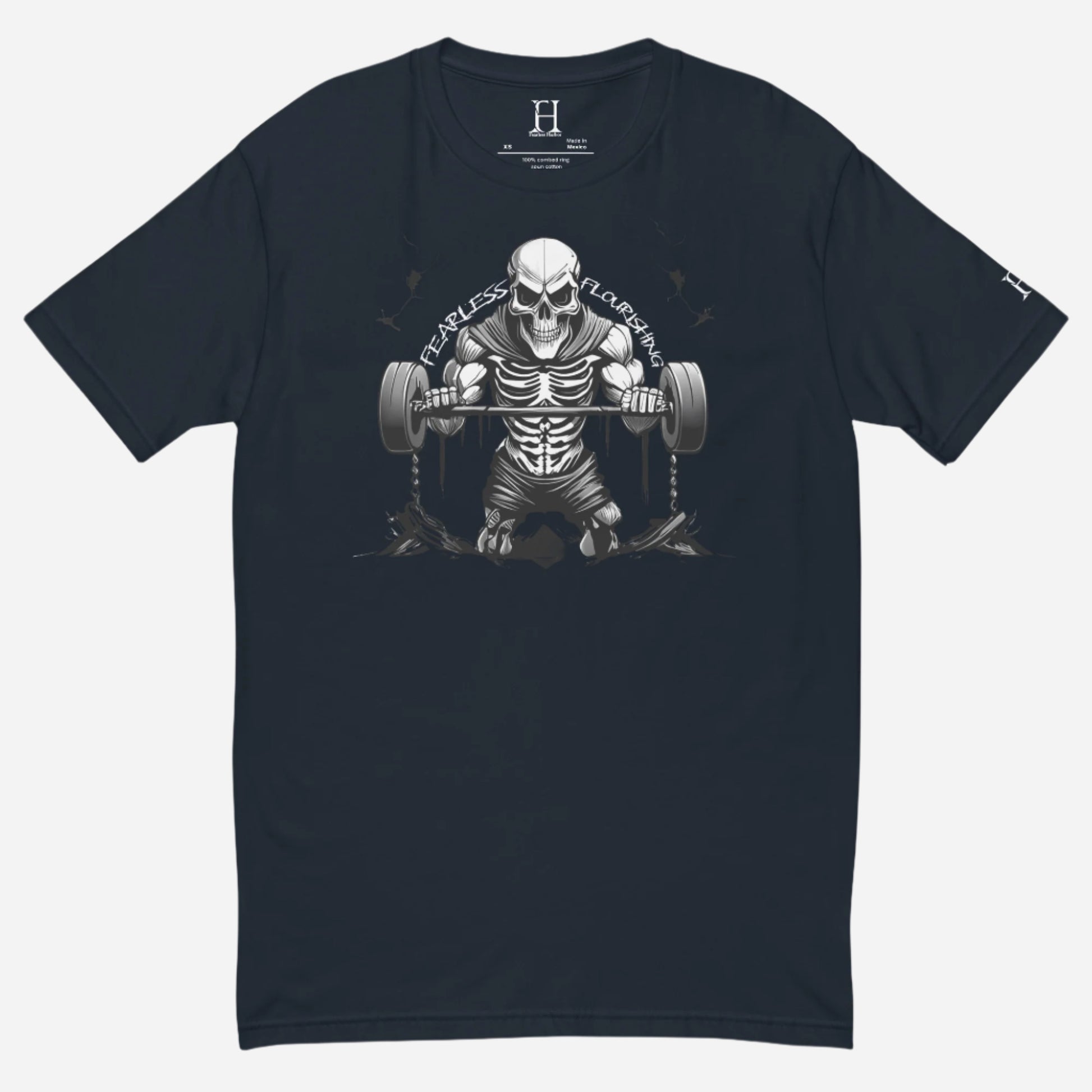 Front of Undead Fitted T-Shirt, Navy with Skeleton Gym Weightlifter design, and the text Fearless and Flourishing in white.