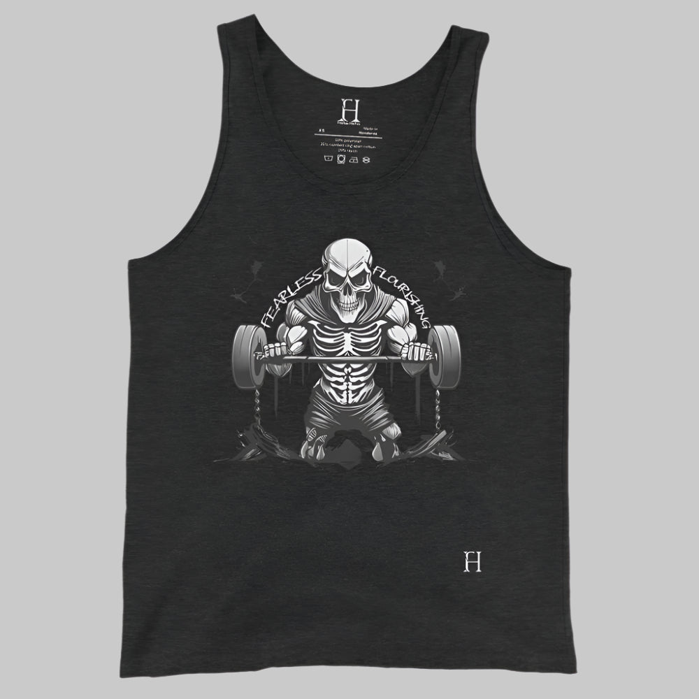 Front of Undead Gym Tank in Black with Skeleton Gym Weightlifter design, and the text Fearless and Flourishing in white.