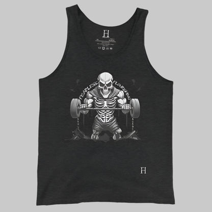 Front of Undead Gym Tank in Black with Skeleton Gym Weightlifter design, and the text Fearless and Flourishing in white.