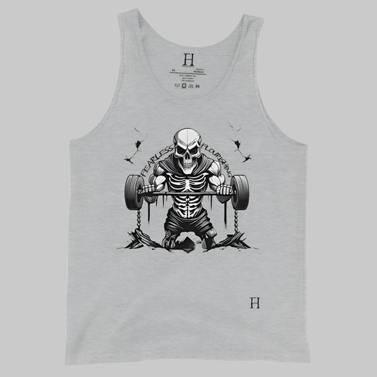 Front of Undead Gym Tank in Grey with Skeleton Gym Weightlifter design, and the text Fearless and Flourishing in black.