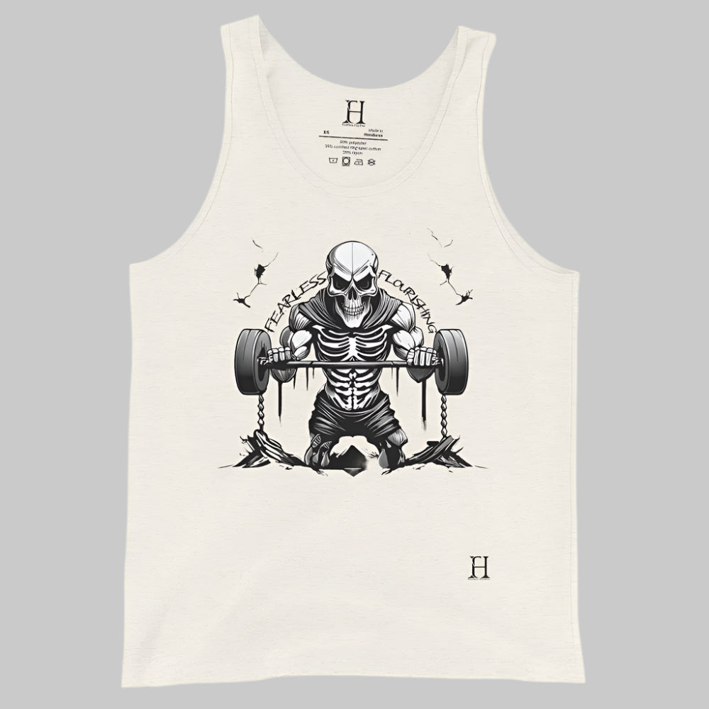 Front of Undead Gym Tank in Oatmeal with Skeleton Gym Weightlifter design, and the text Fearless and Flourishing in black.