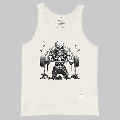 Front of Undead Gym Tank in Oatmeal with Skeleton Gym Weightlifter design, and the text Fearless and Flourishing in black.