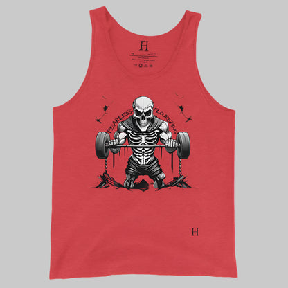 Front of Undead Gym Tank in Red with Skeleton Gym Weightlifter design, and the text Fearless and Flourishing in black.