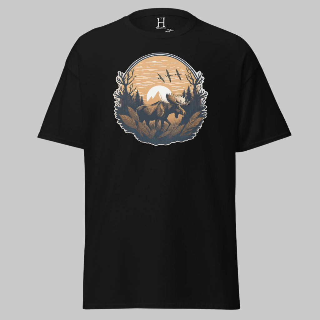 Front of Vintage Hunting wear t shirt in Black with a Moose design.