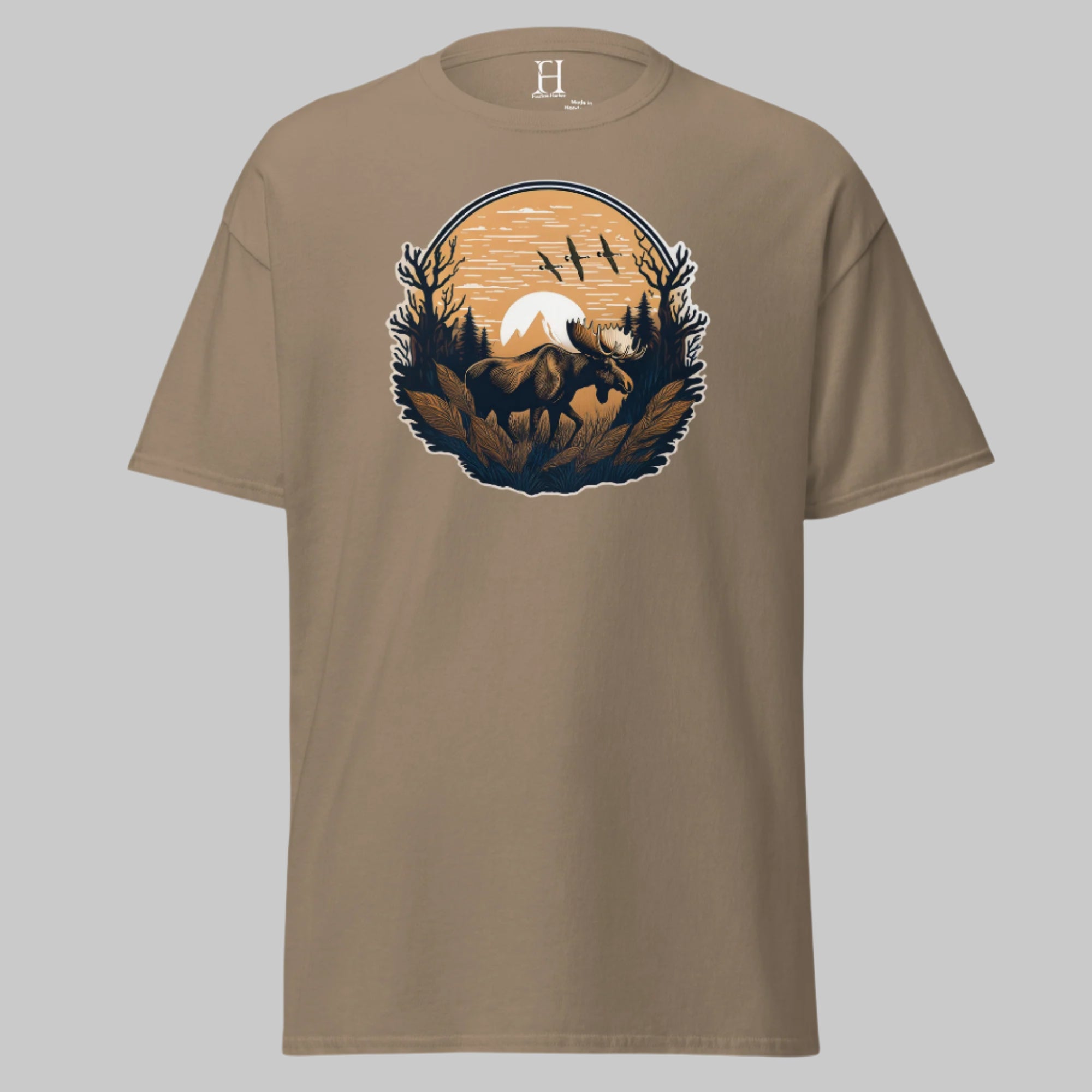 Front of Vintage Hunting wear t shirt in Brown Savana with a Moose design.