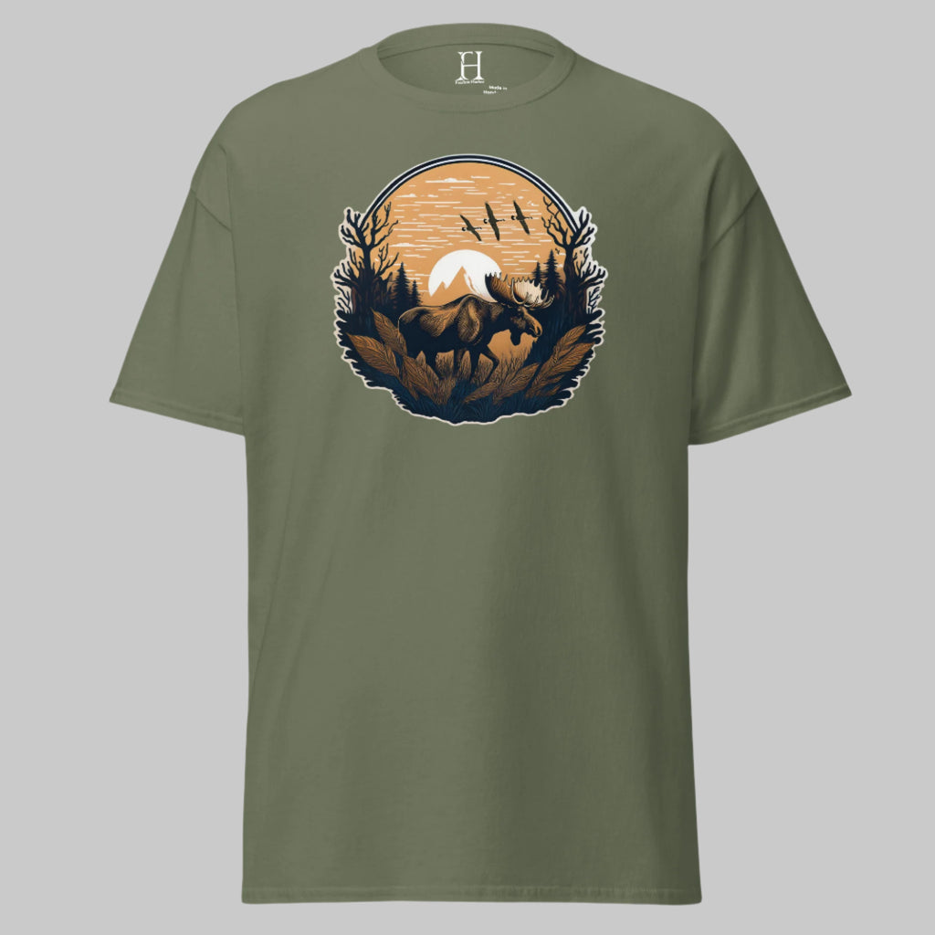 Front of Vintage Hunting wear t shirt in Military Green with a Moose design.