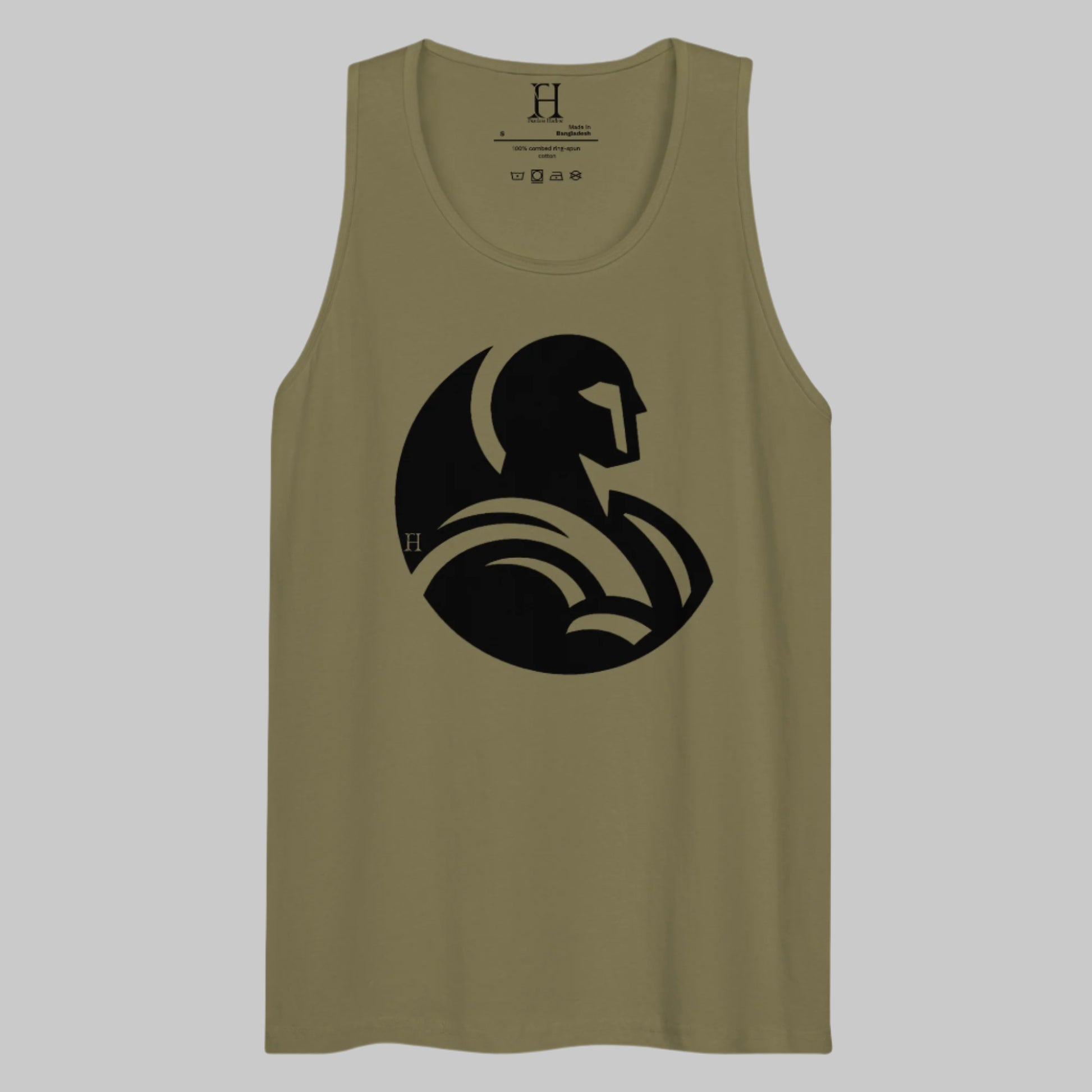 Front of Warrior Premium Tank in Black with Warrior Silhouette design in Black.