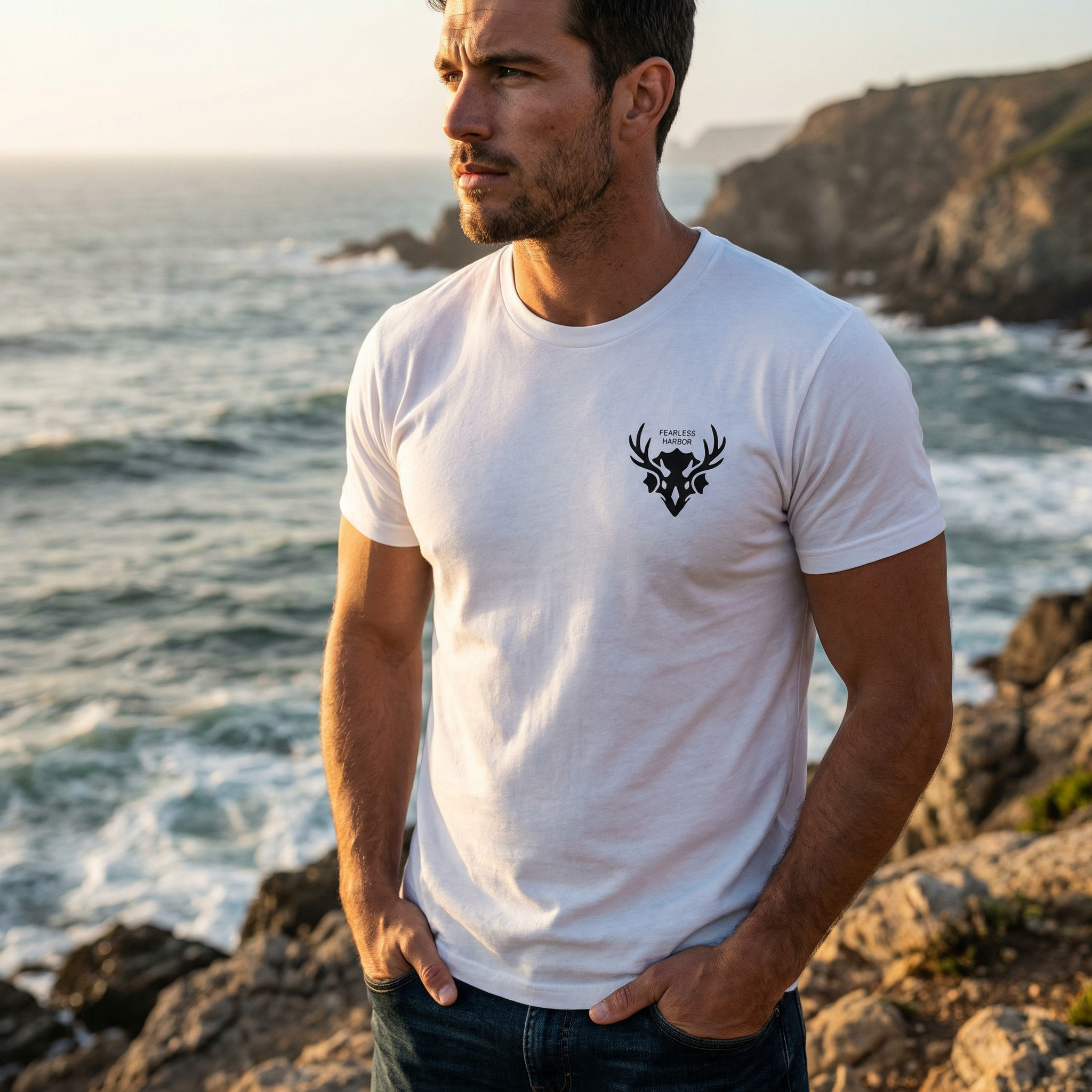 Front of man wearing Archery Bull Elk King tee in white, highlighting the small fearless harbor graphic.