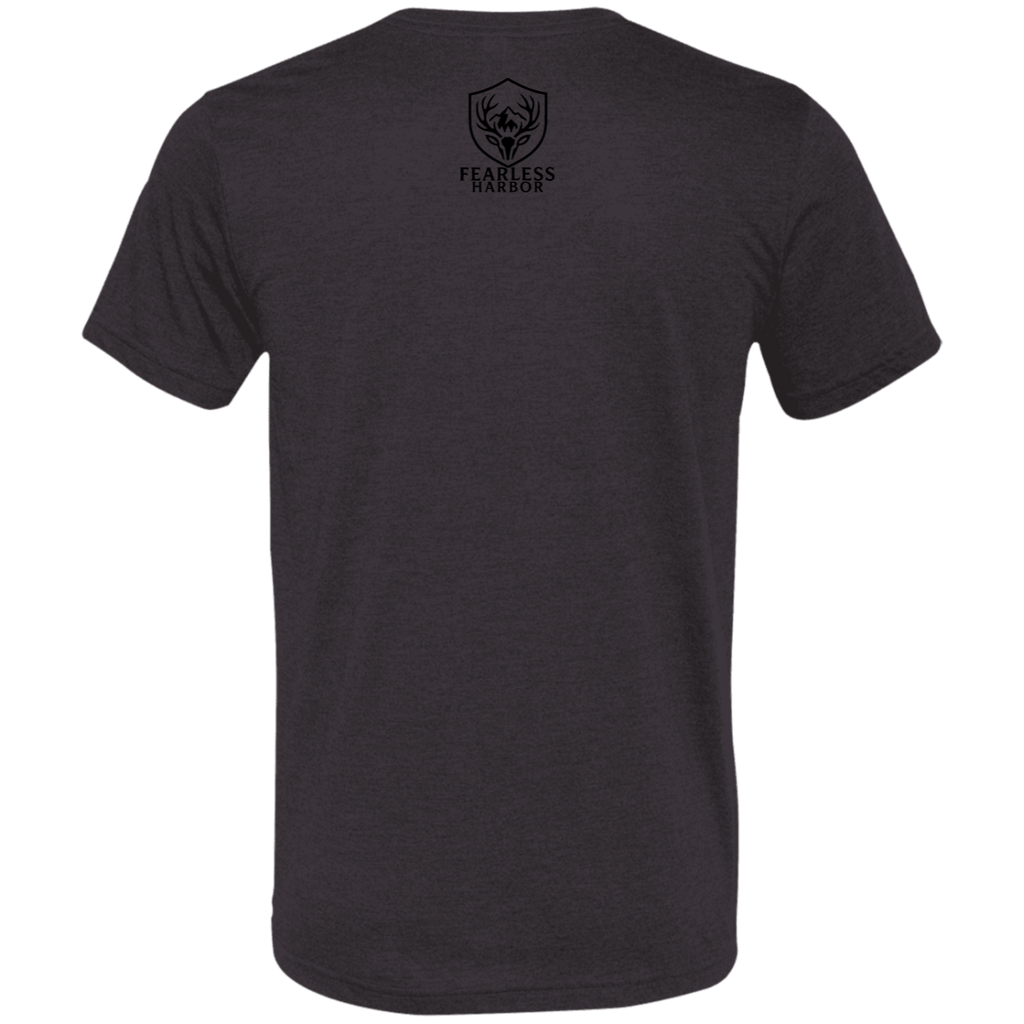 Back view of a black heather premium turkey hunting shirt with a small black Fearless Harbor logo printed high at the upper back.