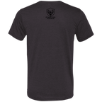 Back view of a black heather premium turkey hunting shirt with a small black Fearless Harbor logo printed high at the upper back.