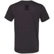 Back view of a black heather premium turkey hunting shirt with a small black Fearless Harbor logo printed high at the upper back.