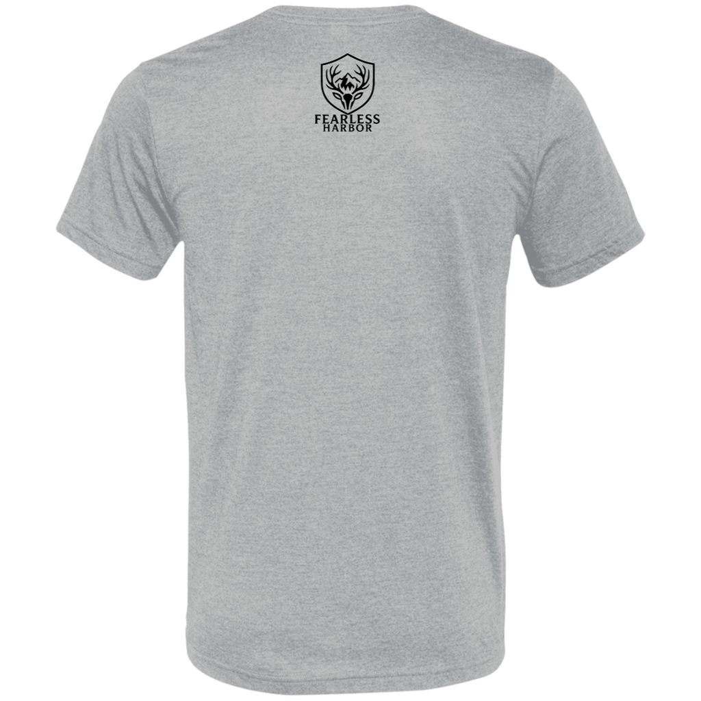 Back view of an athletic grey premium turkey hunting shirt with a small black Fearless Harbor logo printed high at the upper back.