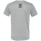 Back view of an athletic grey premium turkey hunting shirt with a small black Fearless Harbor logo printed high at the upper back.