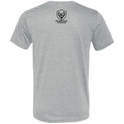Back view of an athletic grey premium turkey hunting shirt with a small black Fearless Harbor logo printed high at the upper back.