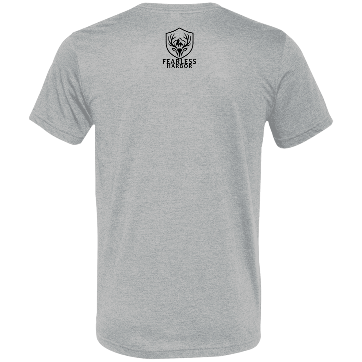 Back view of an athletic grey premium turkey hunting shirt with a small black Fearless Harbor logo printed high at the upper back.
