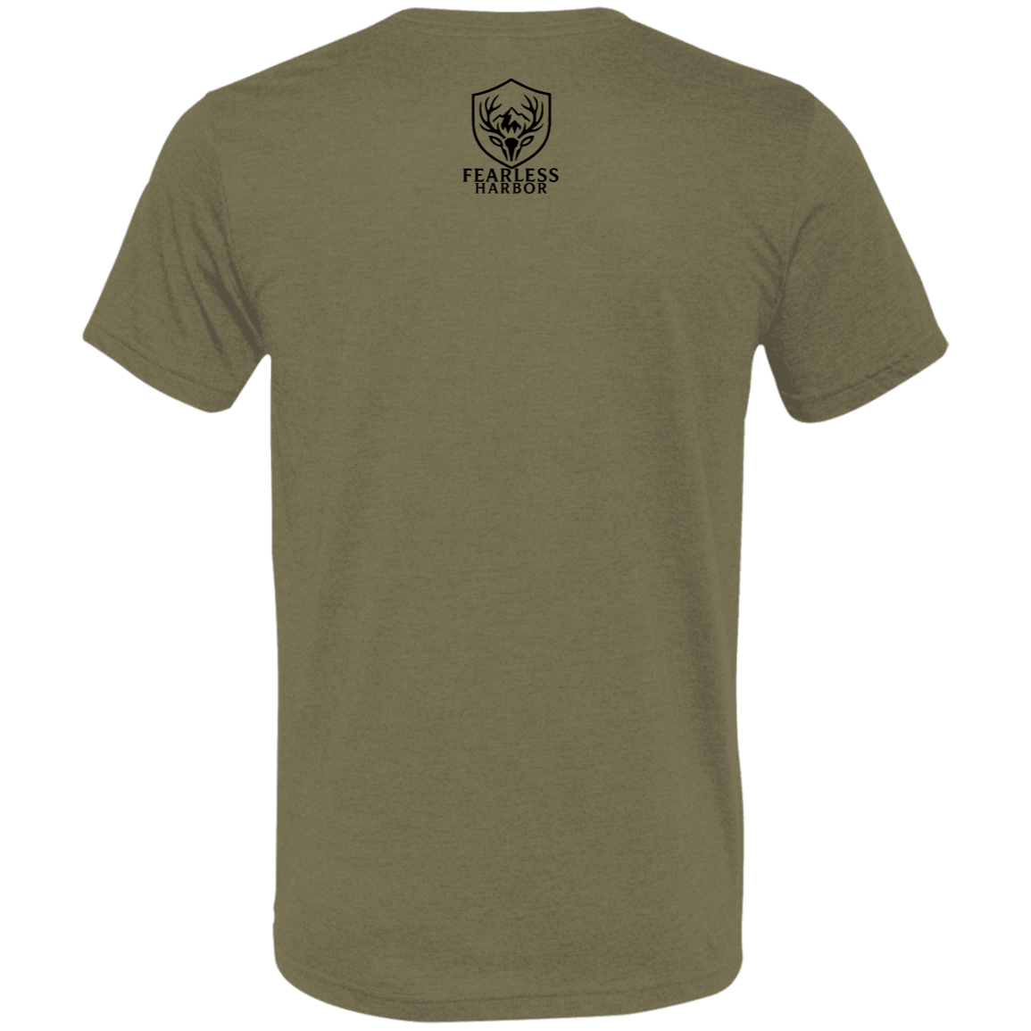 Back view of an olive premium turkey hunting shirt with a small black Fearless Harbor logo printed high at the upper back.