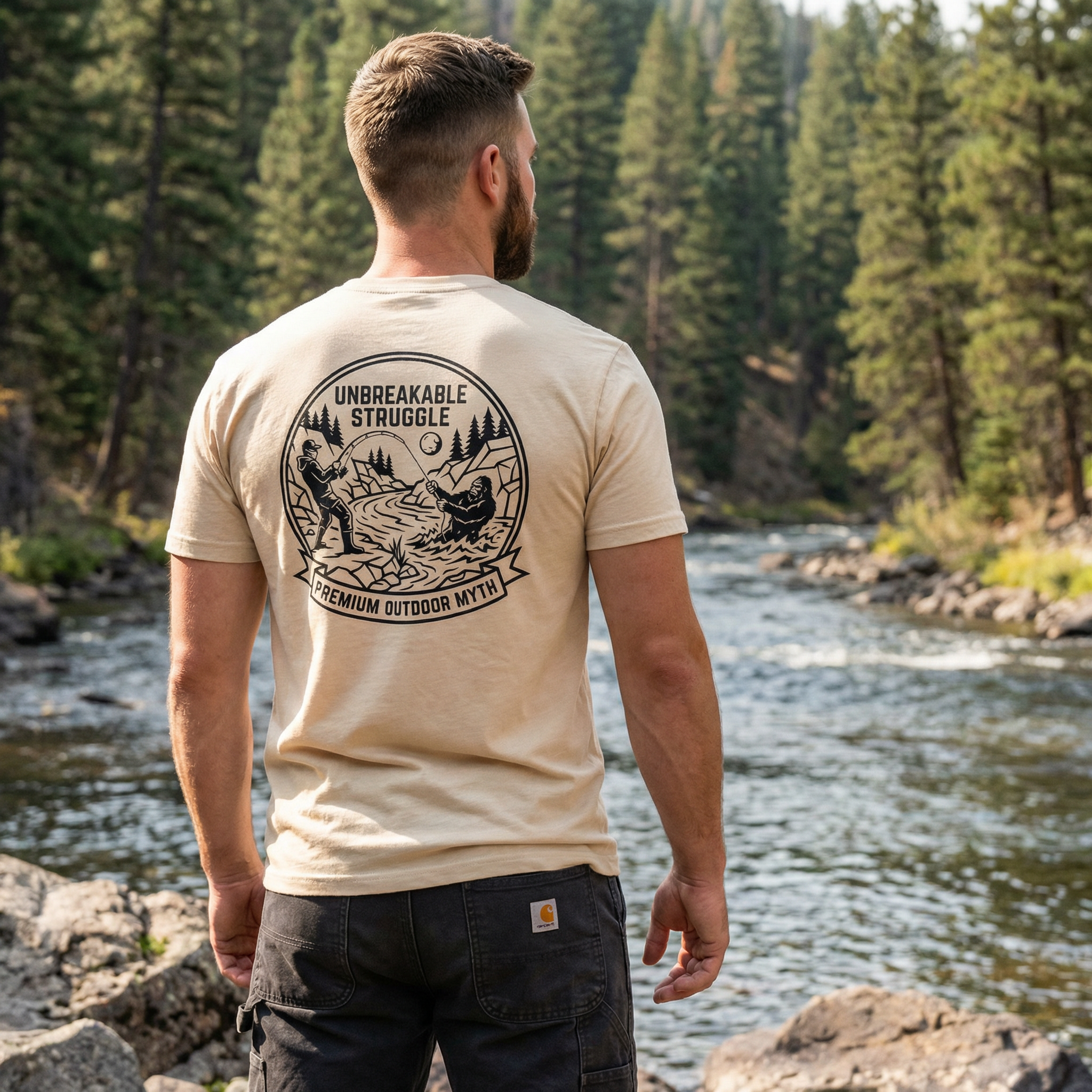 Men’s Big Catch Bigfoot Fishing Tee in Heather Sand Dune showing a black fisherman holding a fishing rod silhouette snagged on Bigfoot.