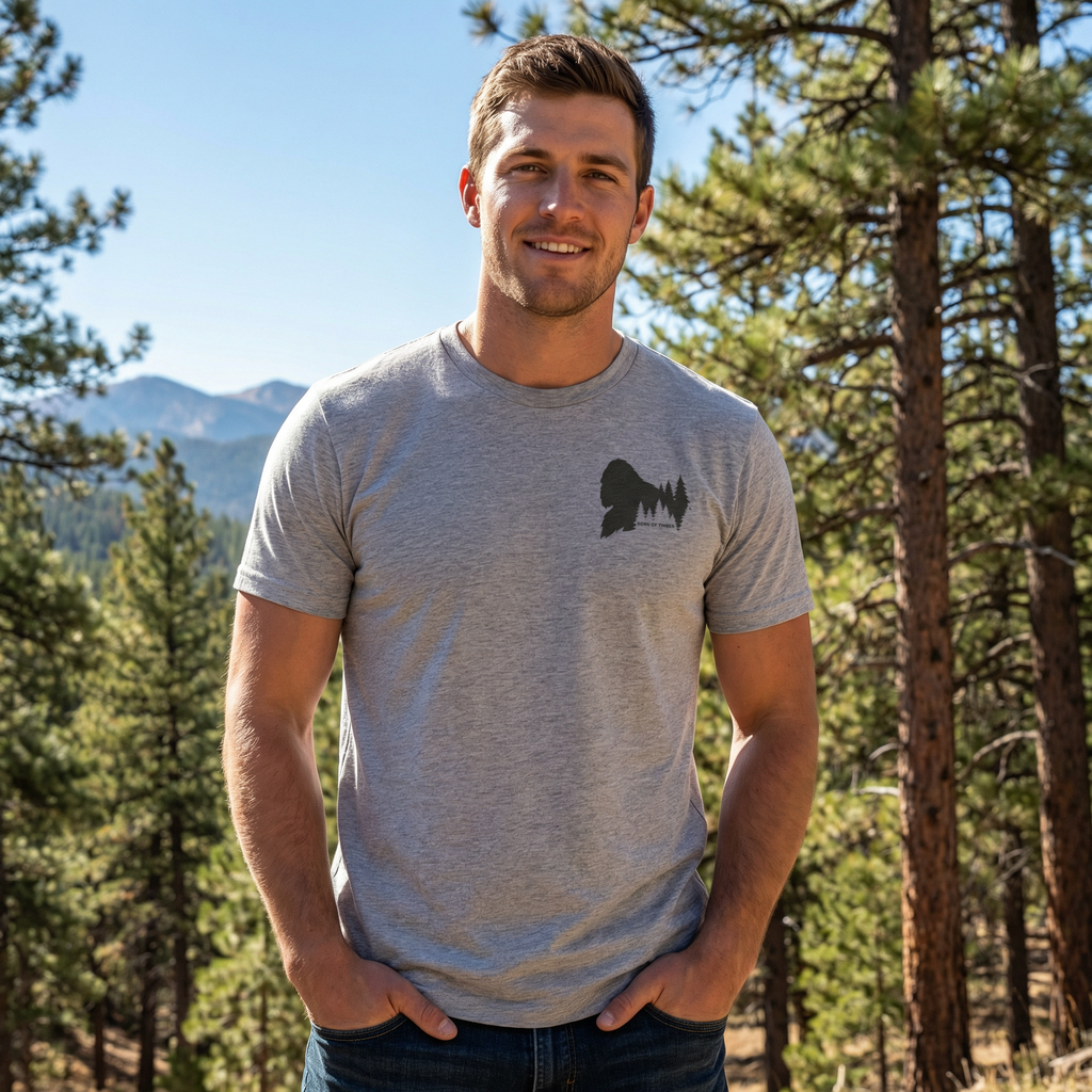 Front of man wearing the Bigfoot He Was Here First Tee in Athletic Heather highlighting the small Born of Timber chest graphic with Bigfoot silhouette and pine detail, in a forest setting.