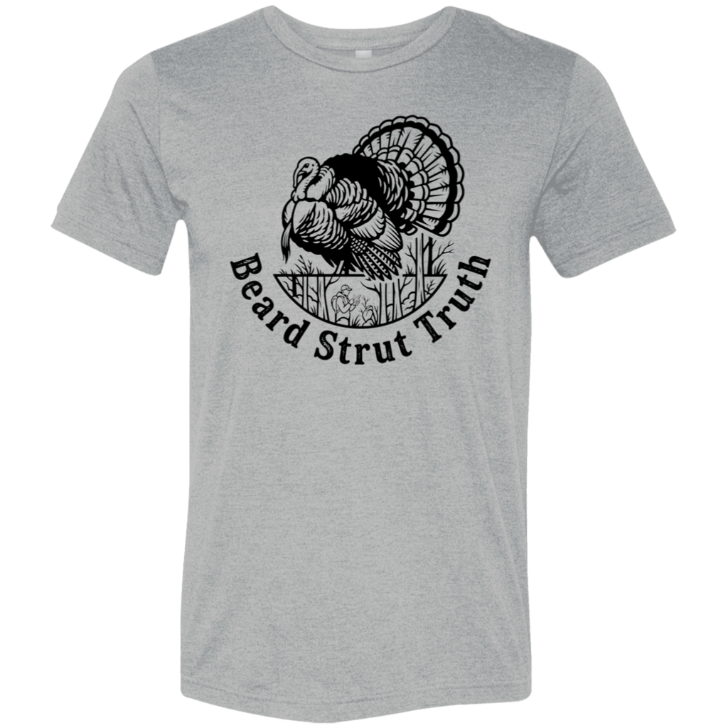 Front view of an olive premium turkey hunting shirt showing a large black strutting wild turkey graphic with Beard Strut Truth text.