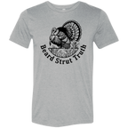 Front view of an olive premium turkey hunting shirt showing a large black strutting wild turkey graphic with Beard Strut Truth text.