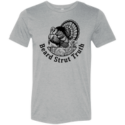 Front view of an olive premium turkey hunting shirt showing a large black strutting wild turkey graphic with Beard Strut Truth text.