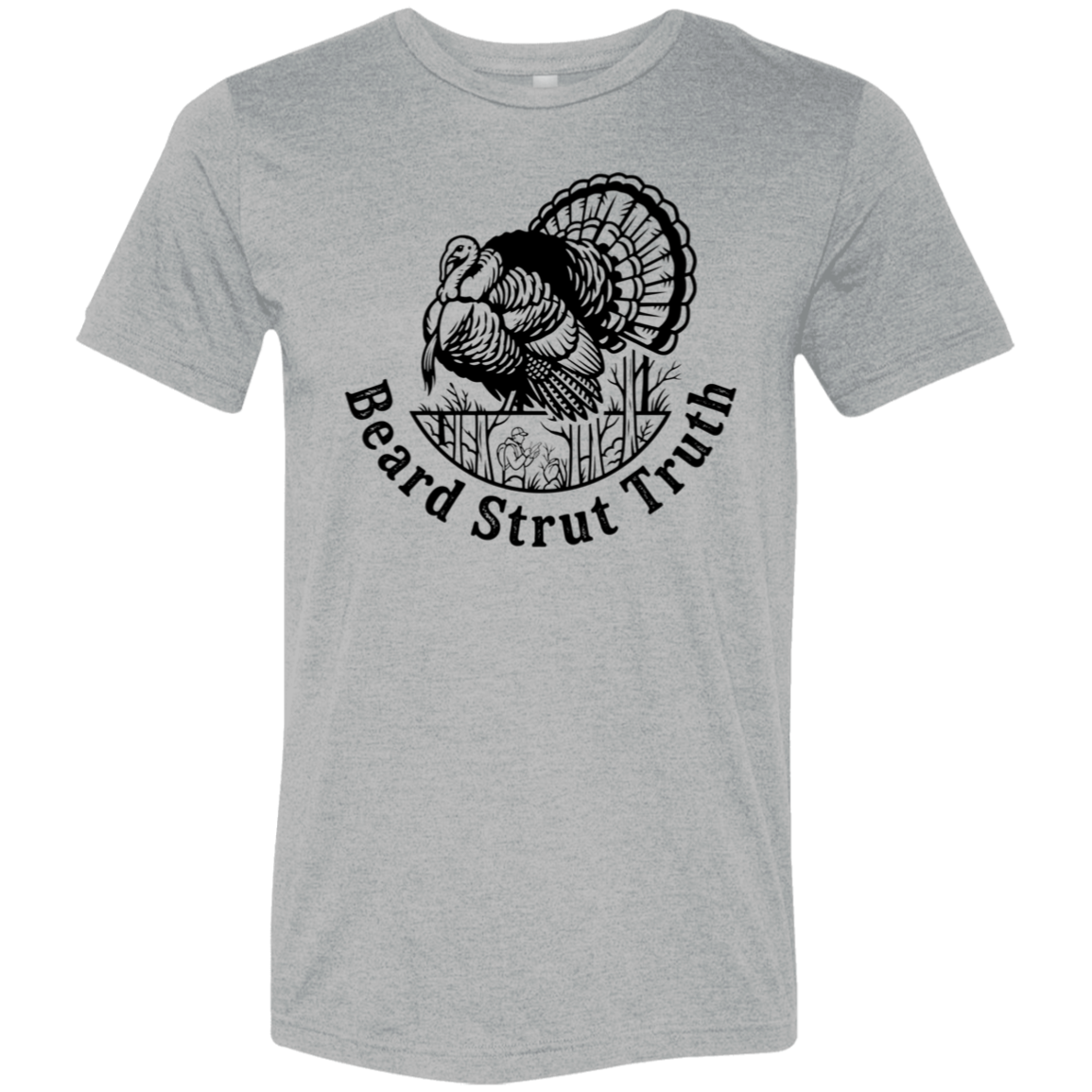 Front view of an olive premium turkey hunting shirt showing a large black strutting wild turkey graphic with Beard Strut Truth text.