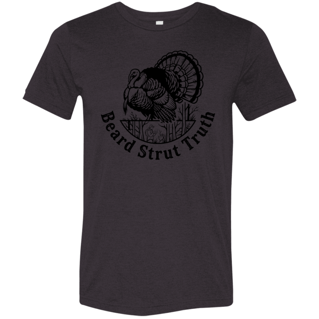 Back view of a black heather premium turkey hunting shirt with a small black Fearless Harbor logo printed high at the upper back.
