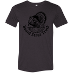 Back view of a black heather premium turkey hunting shirt with a small black Fearless Harbor logo printed high at the upper back.