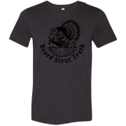 Back view of a black heather premium turkey hunting shirt with a small black Fearless Harbor logo printed high at the upper back.