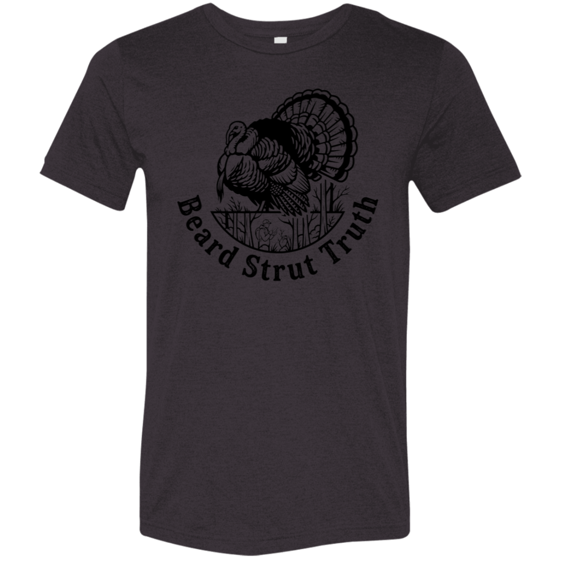 Back view of a black heather premium turkey hunting shirt with a small black Fearless Harbor logo printed high at the upper back.