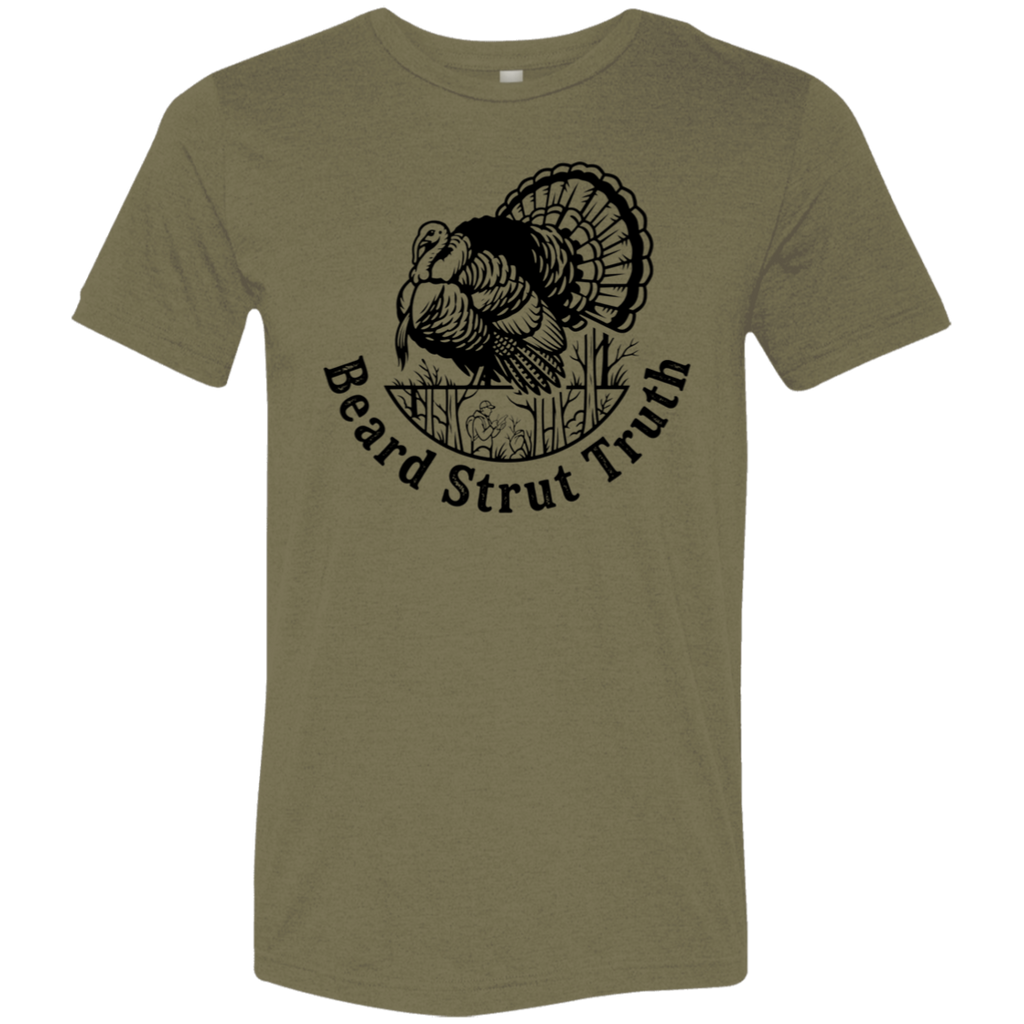 Front view of an olive premium turkey hunting shirt showing a large black strutting wild turkey graphic with Beard Strut Truth text.