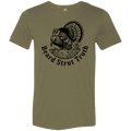 Front view of an olive premium turkey hunting shirt showing a large black strutting wild turkey graphic with Beard Strut Truth text.